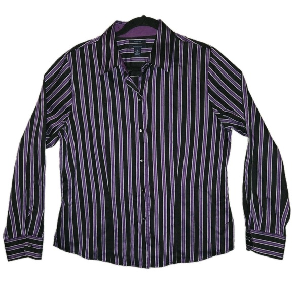 Westbound Tops - Westbound Wrinkle-Free Pinstripe Button Shirt Woman's Size 14 Shirt Purple Black